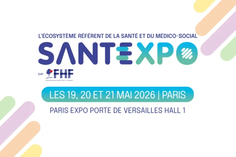 Affiche officielle de Santé Expo 2026, l'écosystème référent de la santé et du médico-social par la FHF, du 19 au 21 mai à Paris.